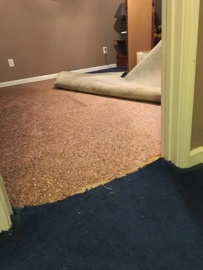 Carpet pad removal revealing water damage during Drying & Dehumidification in La CaÃ±ada Flintridge